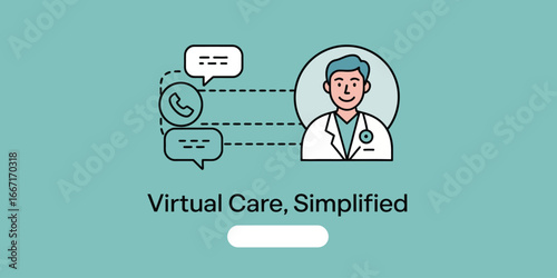 Illustration of a doctor with speech bubbles and a phone representing virtual healthcare services