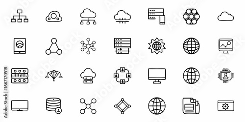 Network Icons: Data Cloud, Server, Database, Network, Computer, Globe, and Technology Elements, Perfect for Web Design, UX/UI, and Development Projects