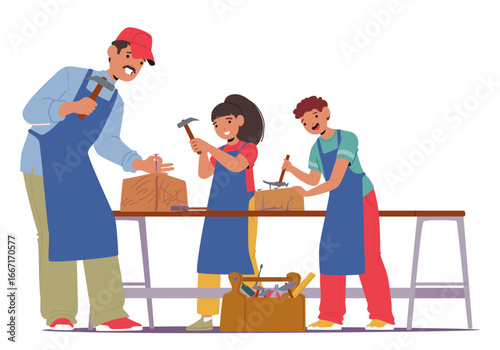 Teacher carpenter teaching children students hammering nails during woodwork master class lesson
