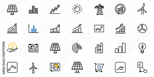 Sustainable energy icons showcasing solar power, wind turbines, and energy efficiency, representing growth, innovation, and green solutions for a brighter future