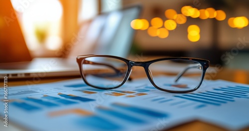 Glasses Rest on Financial Report While Laptop Displays Data Insights in Warm-...