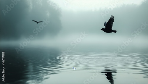 Birds Flying Over a Misty Lake at Dawn With Ripples on the Water Surface