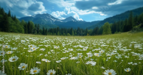 Vast Meadow Filled With Daisies Under a Bright Blue Sky Near Majestic Mountai...