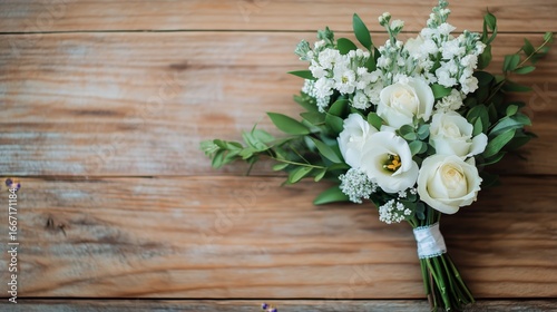 Beautiful White Flowers Arranged on a Wooden Surface Create a Serene and Calm...