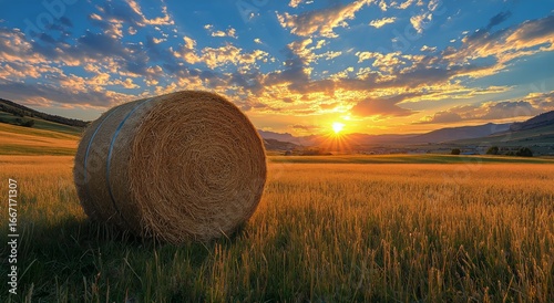 Golden Sunset Over a Vast Field With a Hay Bale in the Foreground