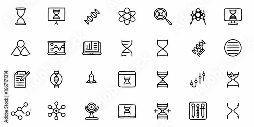 Discover scientific innovation and research breakthroughs with this collection of modern icons representing DNA, science, data, and discovery for groundbreaking projects and presentations