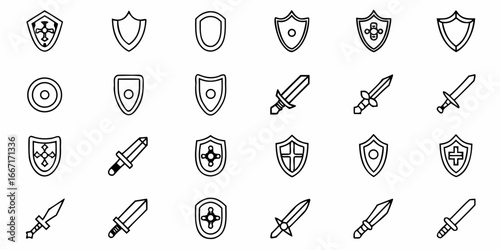 Dynamic collection of medieval shields and swords, perfect for game design, fantasy projects, and historical themes, offering robust protection and combat readiness visuals