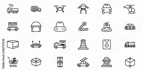 Explore a dynamic collection of modern transport and futuristic robotics icons, perfect for illustrating innovation, logistics, and automated systems in business and technology projects.