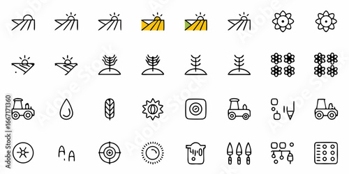 Captivating collection of agricultural icons, featuring tractors, crops, sun, and water, perfect for modern farming, eco-friendly initiatives, and rural lifestyle branding.