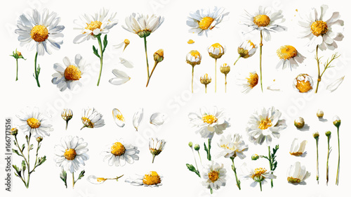 Watercolor chamomile flower illustration set with blooms and stems, ideal for botanical prints, herbal packaging, invitations, and floral-themed creative projects.