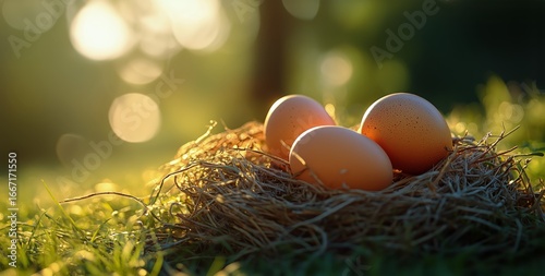 Nest With Four Brown Eggs Surrounded by Grass and Soft Light During a Serene ...