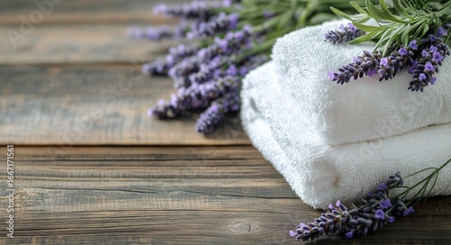 Relaxing Spa Setup With Lavender Sprigs and Soft Towels on Wooden Surface