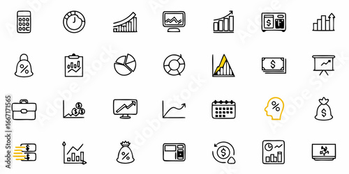 Hand-drawn financial icons and charts illustrating business, finance, and investment strategies with growth, profit, and success.