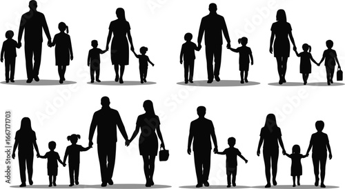 Flat vector illustration of diverse families walking together holding hands, parents with children silhouettes, unity, love, care, bonding, parenting, togetherness, family lifestyle, happy moments