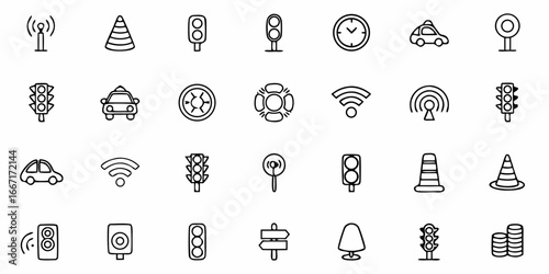 Collection of hand-drawn transportation and technology icons for modern web design and digital content