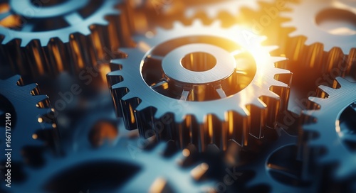 Shiny Metallic Gears Arranged on a Surface Illuminated by Warm Light in a Wor...