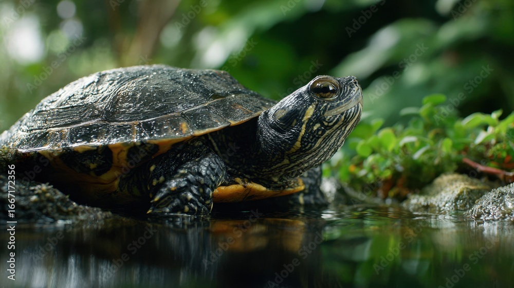 Fototapeta premium Medium shot of a turtle crawling slowly over rocks detailed shell and head in focus with softfocused water and plants portraying calm amphibious movement in nature.
