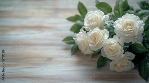 White Roses Arranged on a Wooden Table Create a Serene and Elegant Atmosphere...