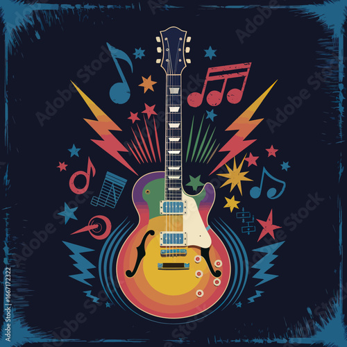 2d vector illustration art  Retro music guitar with symbol and rock music with colorful  background, Summer t shirt 
