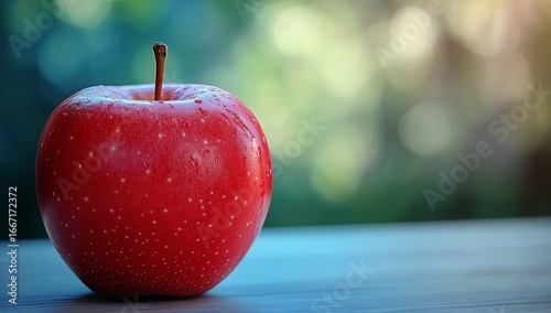 Fresh Red Apple on Wooden Surface With Blurred Green Background in Natural Light