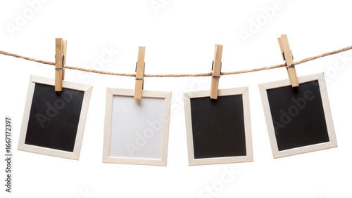 Four Blank Instant Photo Frames Hanging on Rope – Empty Picture Template PNG