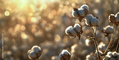 Cotton Plants Glowing in Golden Sunlight During Early Evening Hours in a Field.