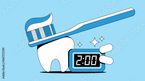 A cartoon illustration of a toothbrush with toothpaste on a tooth next to a timer set to two minutes