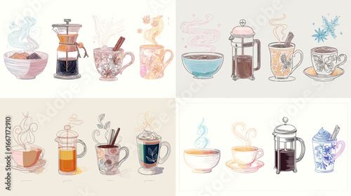 Hand-drawn coffee and tea cup illustration set with French press and mugs, perfect for cafe branding, menu design, packaging, and cozy beverage-themed artwork.