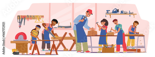 Woodwork master class for kids with teacher professional carpenter at workshop studio cartoon scene