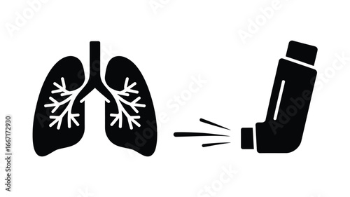 Illustration of lungs with bronchioles and an inhaler spraying medicine for respiratory treatment