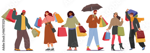 Happy diverse people cartoon characters carrying autumn purchases in shopping bags enjoying sale