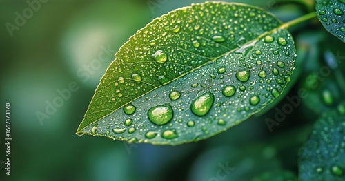 Dew Droplets Shimmer on Vibrant Green Leaves in a Tranquil Forest Setting Dur...