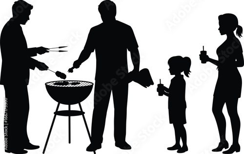 Family enjoying barbecue party, grilling food, summer picnic scene, silhouette people with kids and drinks, outdoor fun gathering, flat vector illustration
