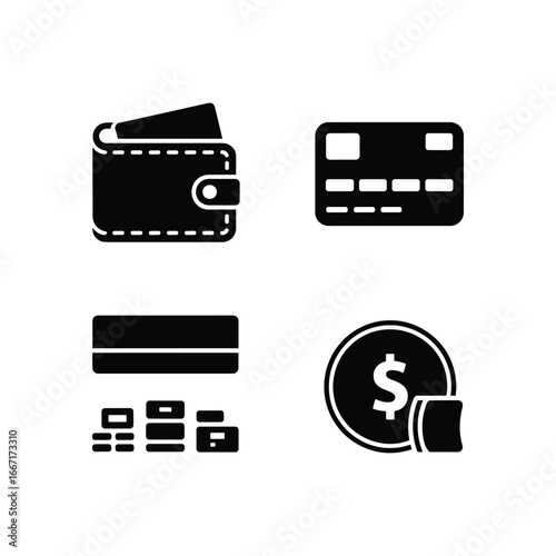 Set of four black icons representing financial transactions and payment methods