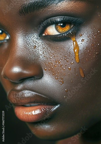 Close-up Portrait of a Person With Captivating Amber Eyes and a Golden Tear o...