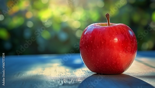 Fresh Red Apple on Wooden Surface With Blurred Green Background in Natural Li...