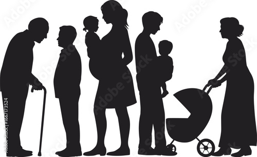 Generations of family silhouette, elderly to babies, parents and children, family life stages, walking together, parenting concept, flat vector illustration