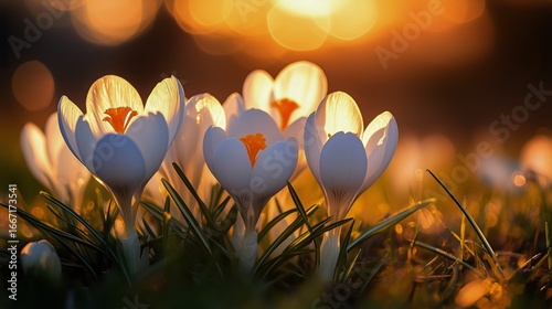 Bright Crocuses Bloom in the Warm Sunlight of Early Spring on a Tranquil Gard...