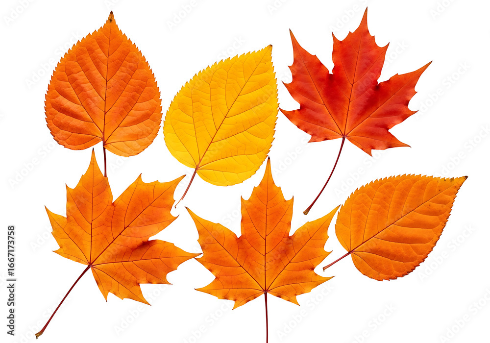 Fototapeta premium Vibrant autumn leaves in shades of orange and red, arranged against a striking black background, showcasing the beauty of fall foliage.