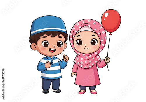 Two cheerful children, a boy and a girl, in traditional clothing, holding a red balloon, radiate a joyful and amicable atmosphere.