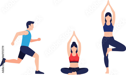 People Practicing Yoga and Fitness Running, Meditation, and Tree Pose Vector Illustration