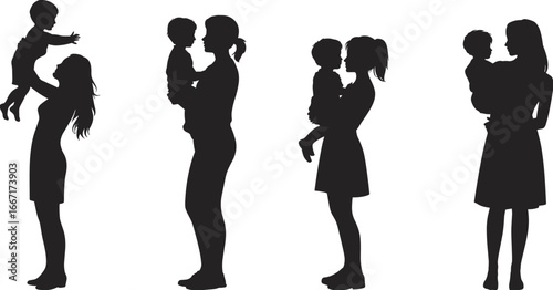 Silhouette of mothers holding and playing with children, family love, motherhood bond, parent and child interaction, happiness, care, flat vector illustration