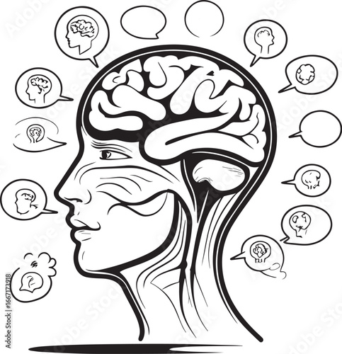 Human brain and thought bubbles concept art vector