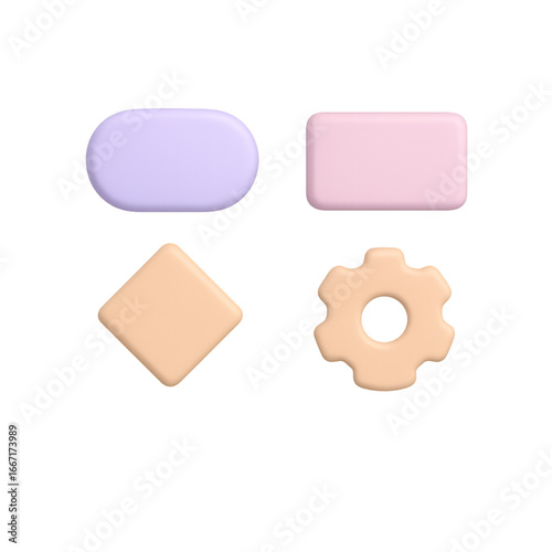 Set of four 3d rendered geometric shapes isolated on transparent background