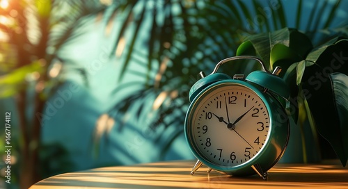 Vintage Alarm Clock Against a Tropical Sunset With Palm Trees in the Background.