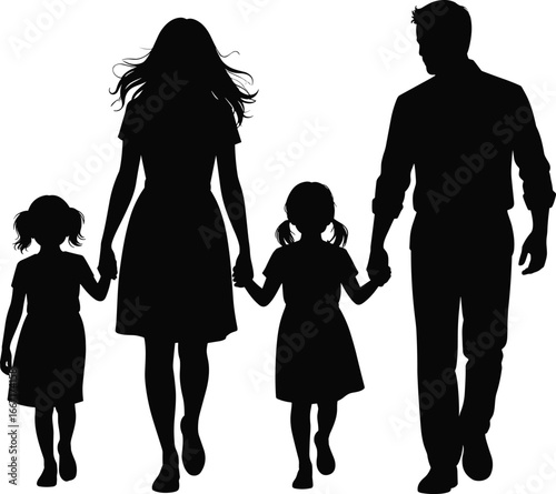 Flat vector illustration of happy family silhouette, parents with two daughters holding hands, walking together, love, unity, togetherness