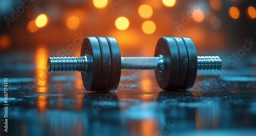 Heavy Dumbbell Resting on a Wet Surface With a Blurred Urban Background at Night