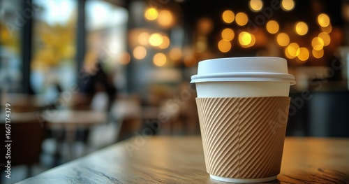 Warm Coffee Cup Sits on a Wooden Table in a Cozy Cafe During a Bright Autumn ...