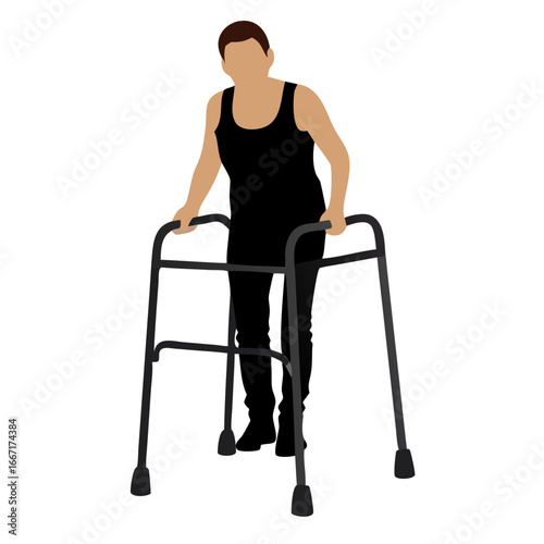 Vector illustration of person using medical walker, flat minimal style, concept rehabilitation, healthcare support, physical therapy, elderly care, medical education, patient recovery.