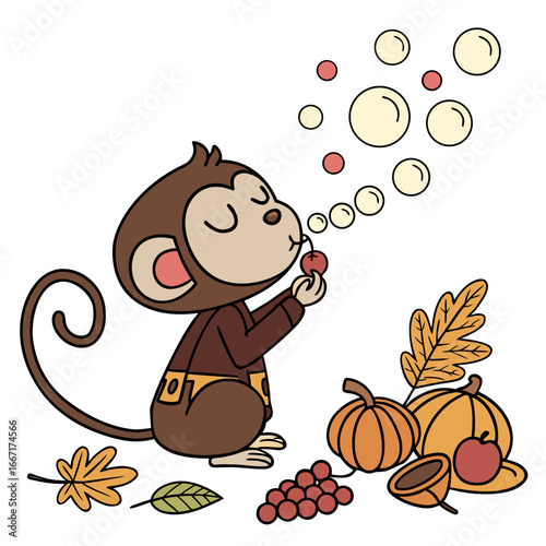 Cute Sleepy Monkey, accessorized with blowing bubbles, in a Thanksgiving world – Harvest Blessings palette vector
